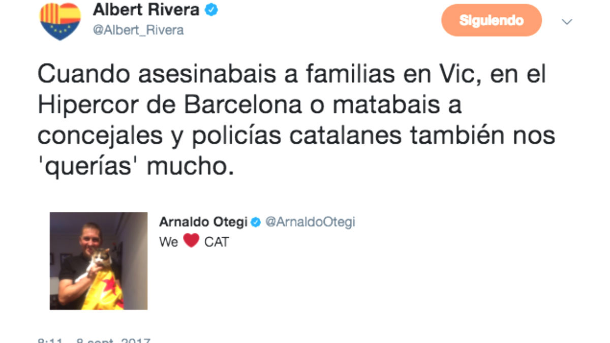 Rivera pone en su sitio a Otegi: «Cuando asesinabais en Cataluña, también nos ‘querías’ mucho» (Foto: Twitter)