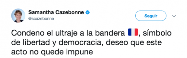 Samantha Cazebonne condena la quema de la bandera francesa.