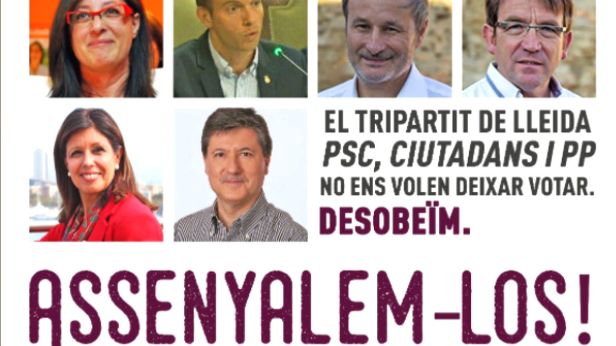 Cartel de Arran, las juventudes de la CUP, señalando a los ediles contrarios al referéndum ilegal.