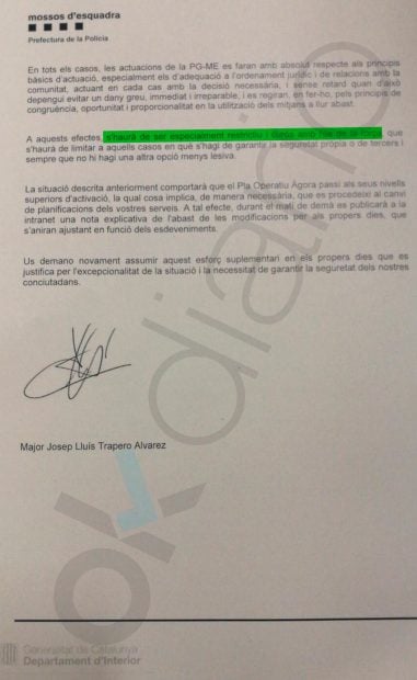 Nota Mossos ordenando uso restrictivo de la fuerza