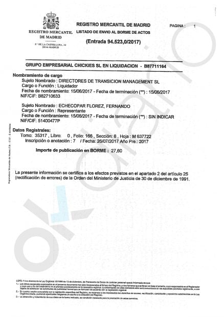 Liquidación del Grupo Empresarial Chickies SL en el Registro mercantil.