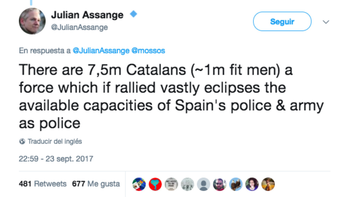 Julian Assange llama a las armas a 7,5 millones de catalanes contra «la policía y el ejército españoles».