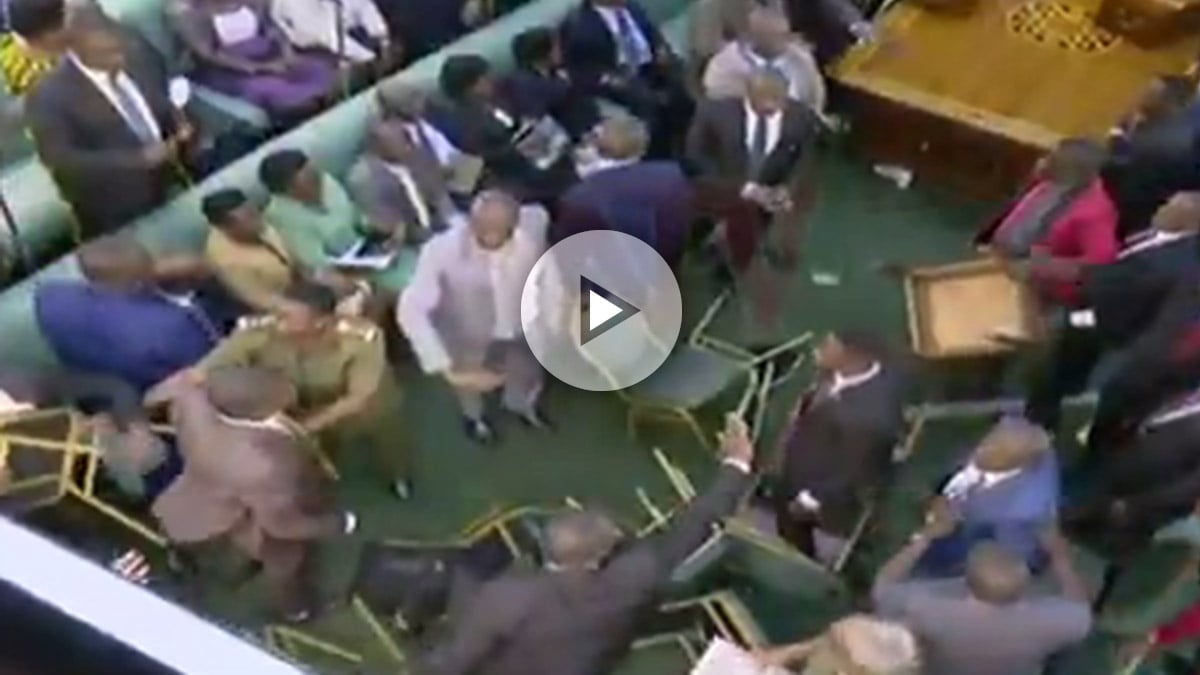 Pelea entre diputados del Parlamento de Uganda.