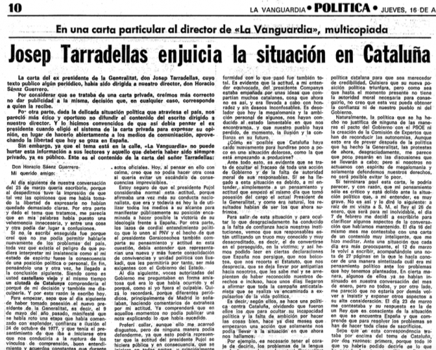 La profética carta de Tarradellas pronosticando el futuro totalitario de Cataluña hace 36 años