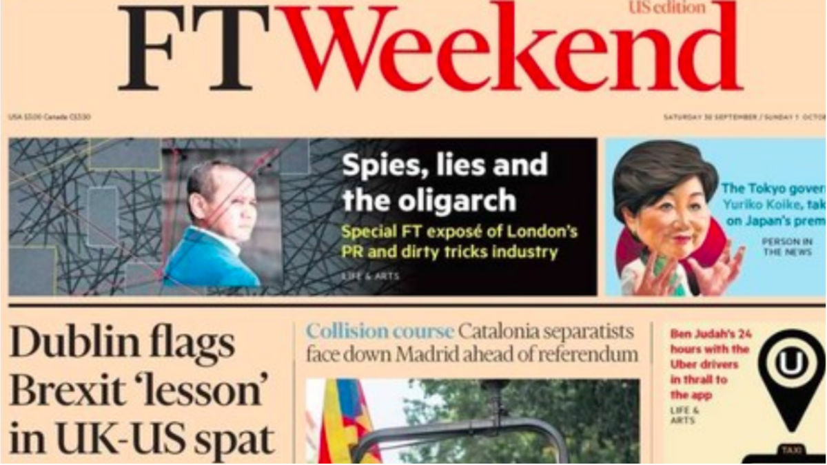 Portada del diario ‘Finantial Times’ de este sábado.