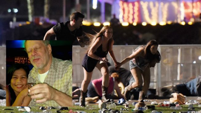 Tres asistentes al festival de Country huyen del tiroteo en las inmediaciones de un casino de Las Vegas. Y una foto del autor del tiroteo. Foto: AFP