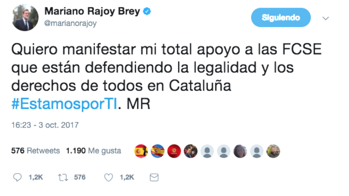 El tuit en el que Mariano Rajoy expresa su «total apoyo» a las fuerzas de seguridad en Cataluña