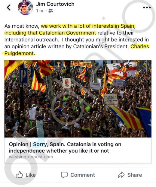 Post en Facebook del lobista de la Generalitat de Cataluña en EE.UU., Jim Courtovich.