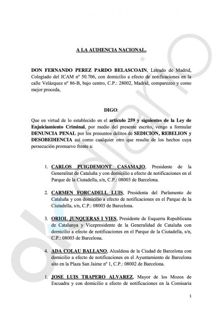Denuncia contra Puigdemont,Trapero, Junqueras, Forcadell y Colau