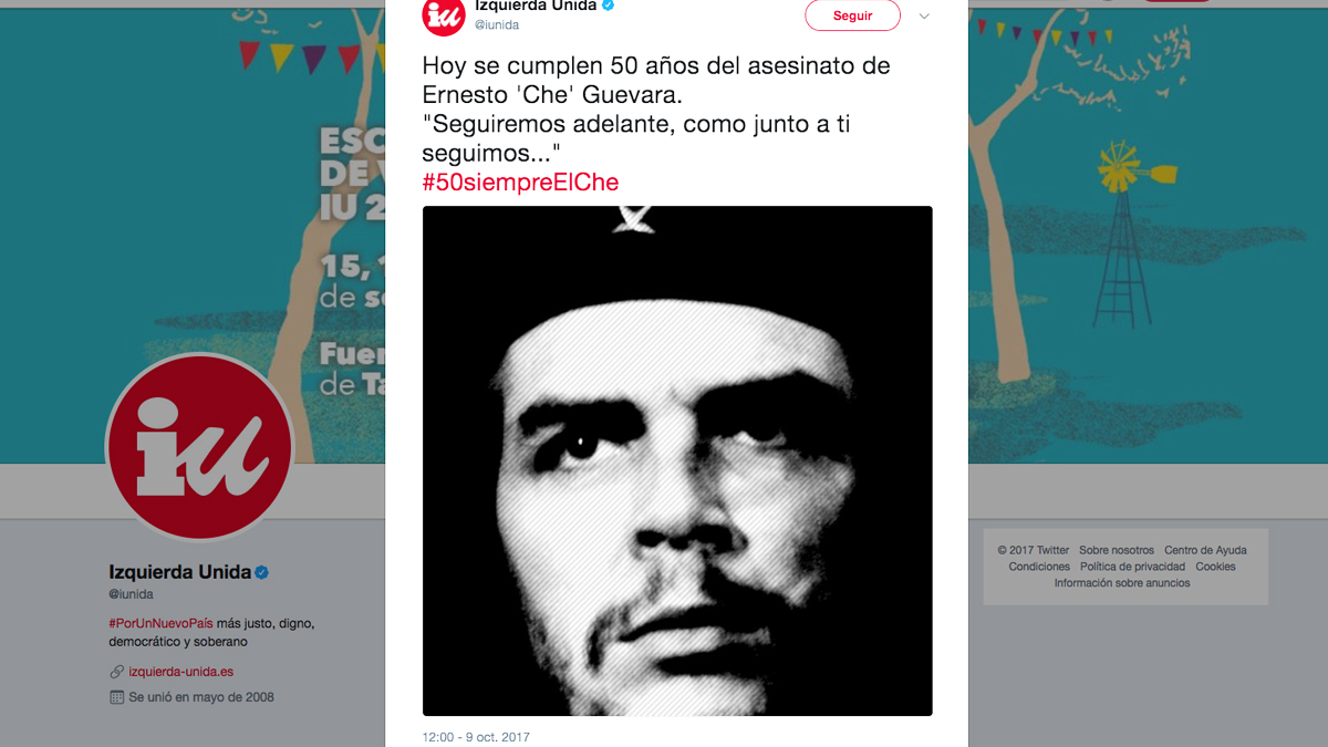 Tuit de IU en el 50 aniversario de la muerte de Ernesto ‘Che’ Guevara.