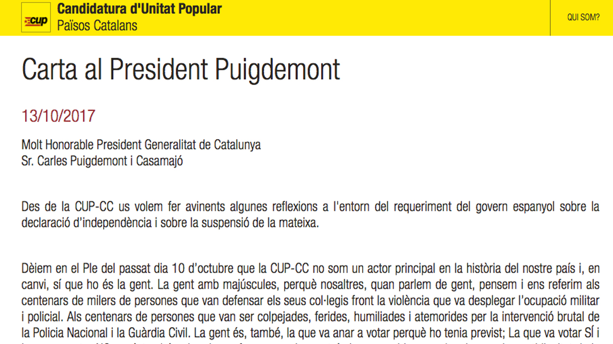 Carta de la CUP a Carles Puigdemont.