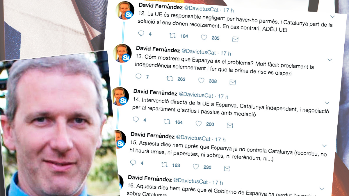 El vicepresidente del Cercle Català de Negocis, David Fernández, junto a los tuits que ha publicado.