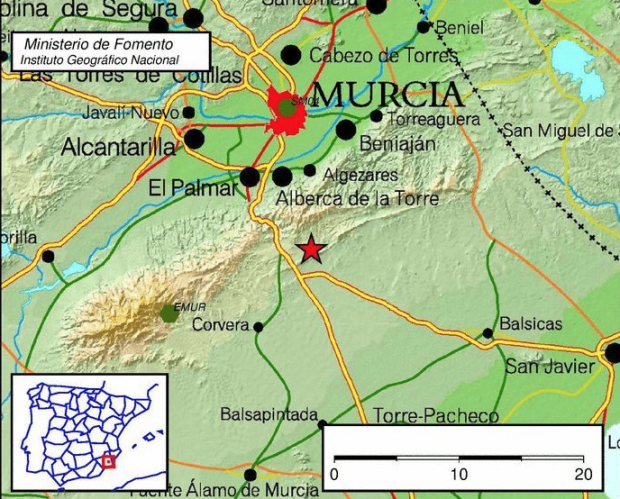 Epicentro del terremoto de 2,7 sobre la escala richter ocurrido en Murcia. Foto: Twitter