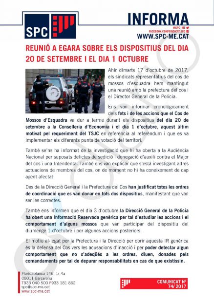 Nota del sindicato de mossos SPC
