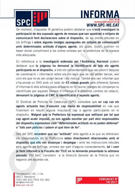 Nota del sindicato de mossos SPC