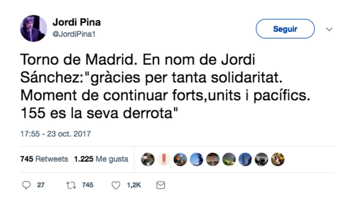 El tuit de Jordi Pina, abogado de Jordi Sànchez, presidente de la ANC en prisión.
