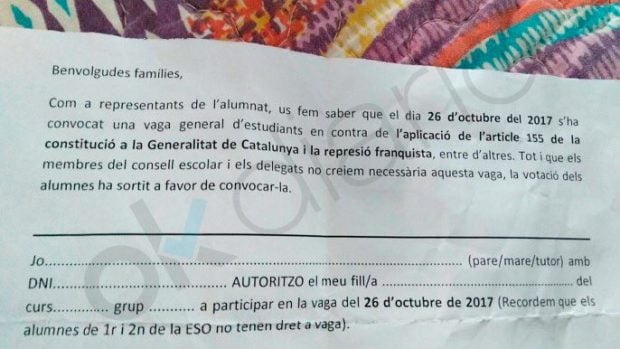 Nota a los padres y madres de alumnos del IES Gorgs para que sus hijos puedan ir a la huelga independentista contra el 155