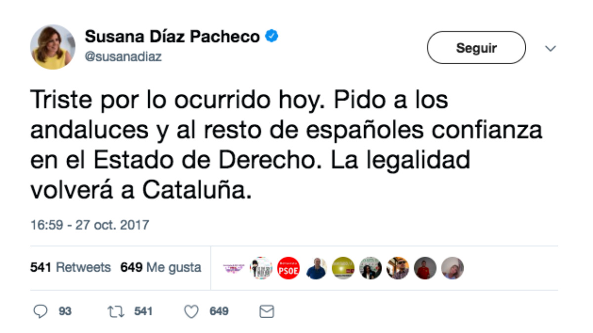 Tuit de Susana Díaz, presidenta de la Junta de Andalucía, tras la declaración de independencia de Cataluña.