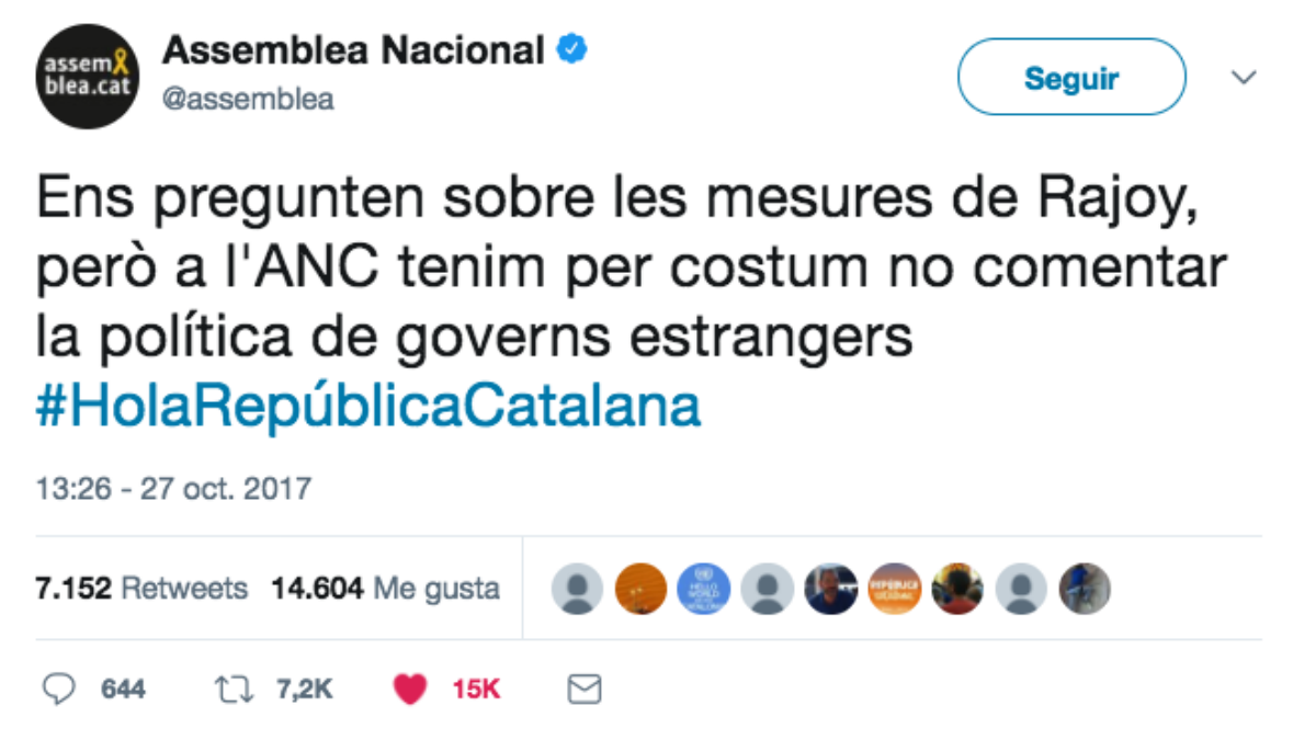 Tuit publicado por la Asamblea Nacional Catalana (ANC) tras el Consejo de Ministros que acordó aplicar el artículo 155.
