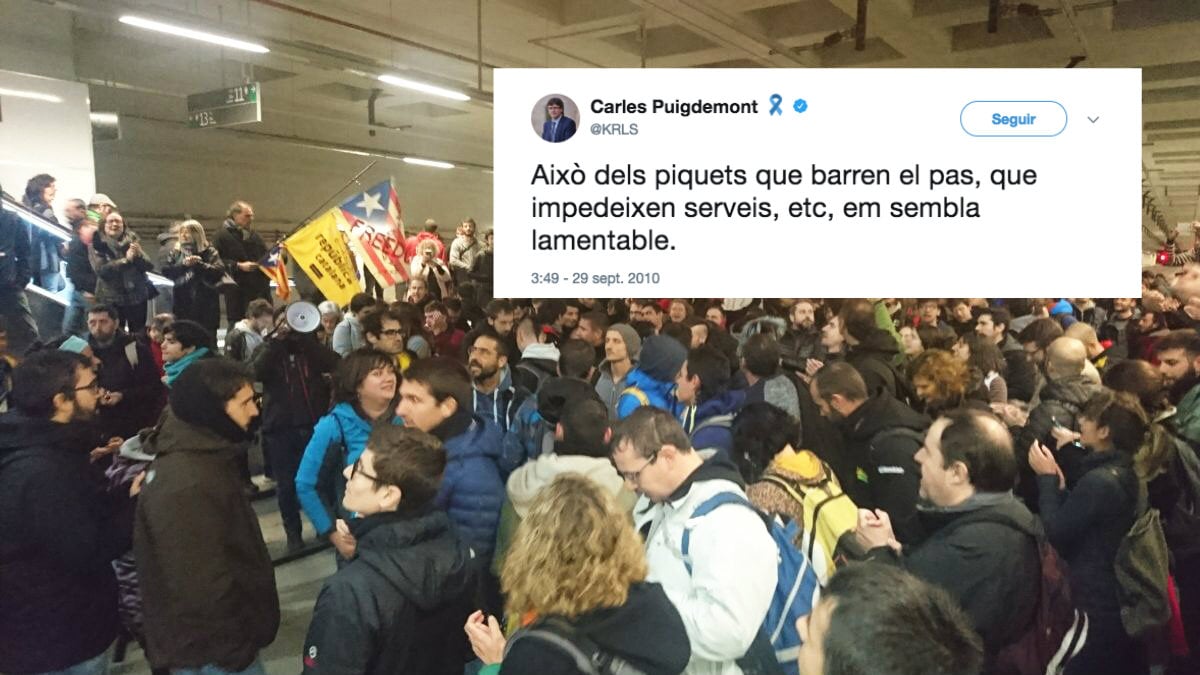 Un tuit de Puigdemont en 2010 llamando «lamentable» la actuación de los piquetes y una imagen de la huelga convocada para el 8 de noviembre.