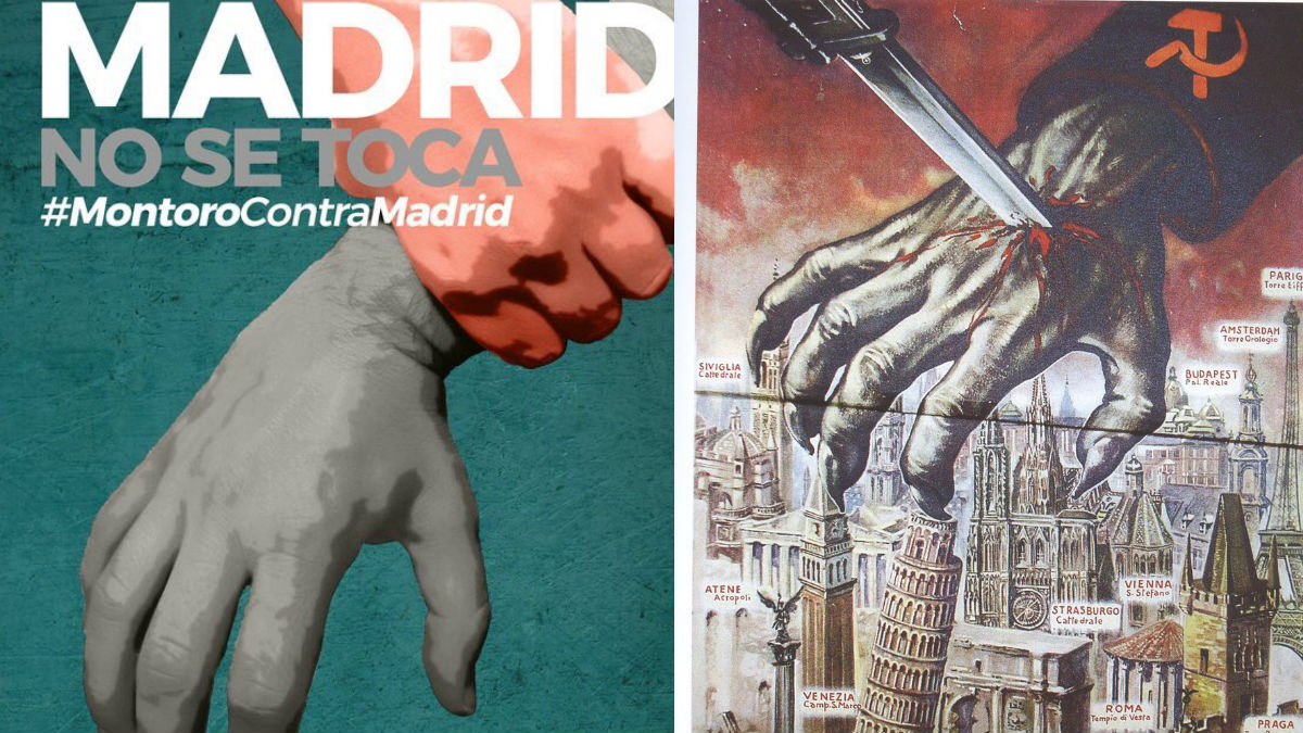 El cartel que difunde Ahora Madrid y la propaganda que usaban los nazis contra el avance del ejército soviético por Europa