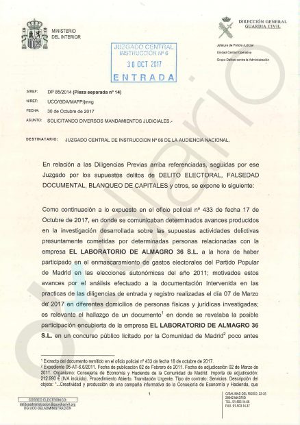 Informe de la UCO sobre la financiación ilegal del PP de Madrid.