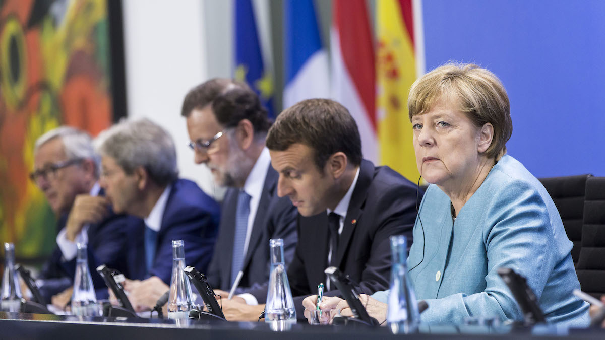 Jean-Claude Juncker, Paolo Gentiloni, Mariano Rajoy, Emmanuel Macron y Angela Merkel en la Cumbre del g–20. (Foto: EFE)