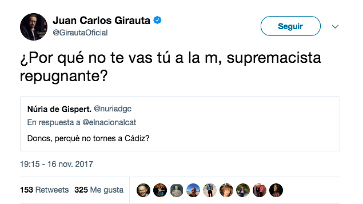 El tuit del portavoz de Ciudadanos, Juan Carlos Girauta, en respuesta a Nuria de Gispert.