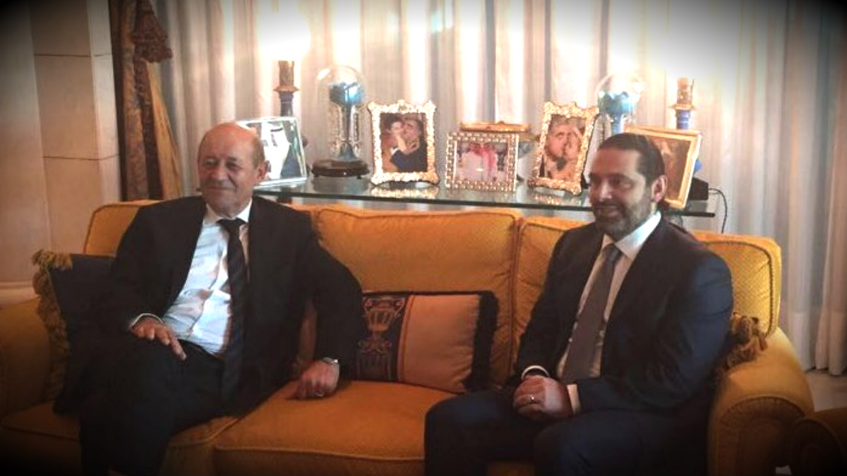 El ministro francés Jean-Yves Le Drian y el primer ministro libanés, Saad Hariri.