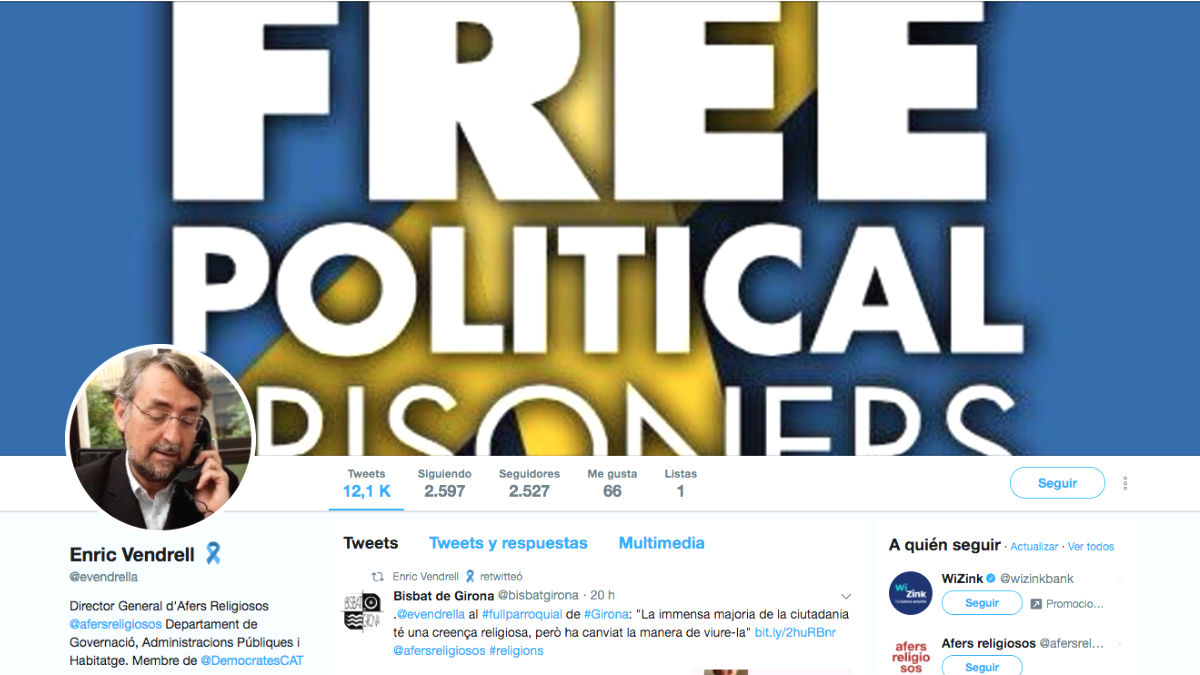 El perfil de Twitter del jefe de Asuntos Religiosos del Govern, Enric Vendrell