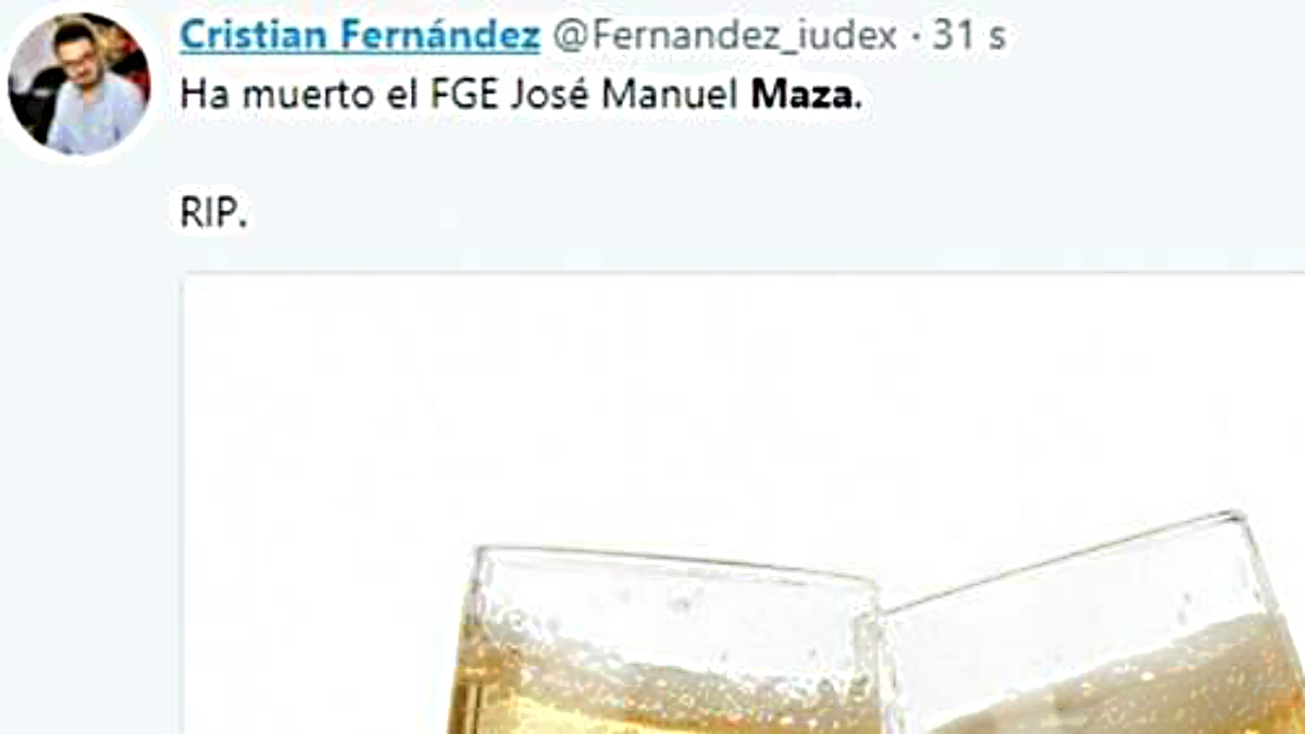 Tuit de Cristian Fernández, dirigente de Podemos Cataluña, celebrando la muerte del fiscal general, José Manuel Maza.