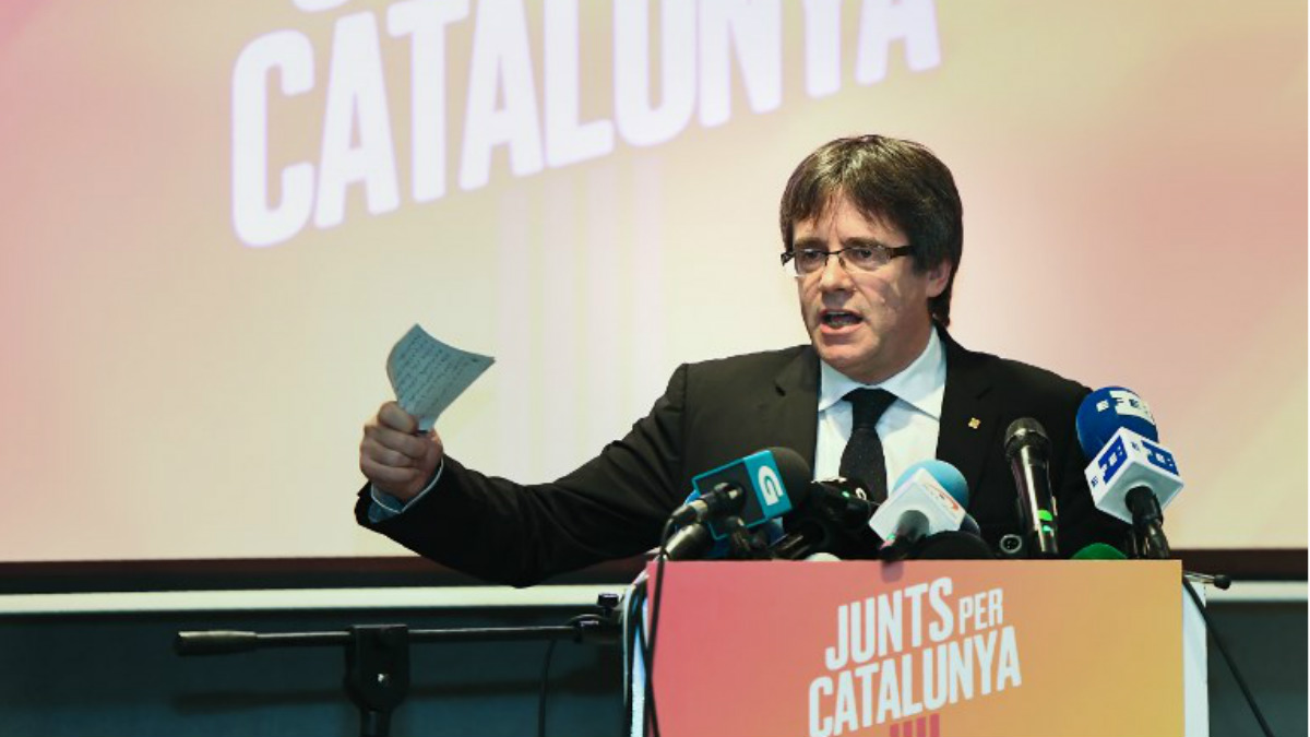 Carles Puigdemont en la presentación de Junts per Catalunya en Brujas. Foto: AFP
