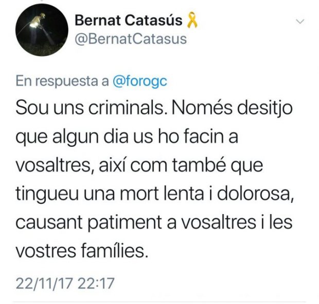 Un dirigente de las juventudes de Puigdemont le desea a la Guardia Civil «una muerte lenta y dolorosa»