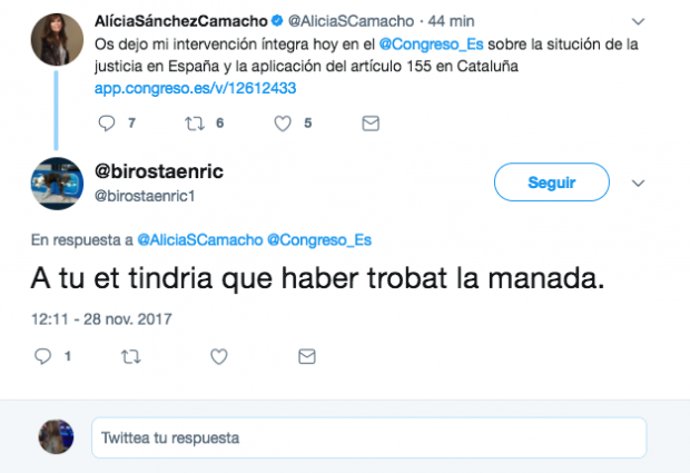 Un independentista a Alicia Sánchez-Camacho: «Te tendría que haber pillado la Manada»