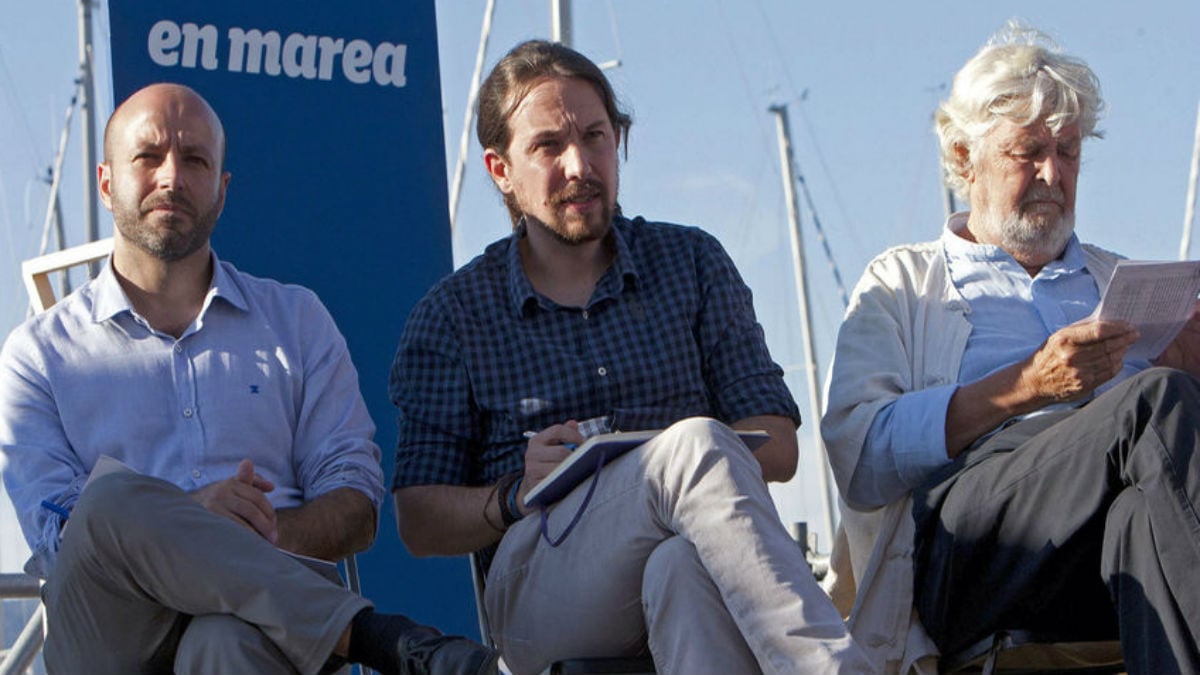Pablo Iglesias con Xosé Manuel Beiras (fundador de Anova) y Luis Villares (portavoz)