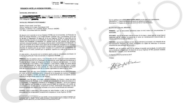 Denuncia presentada contra Javier Íscar ante la Agencia Española de Protección de Datos.