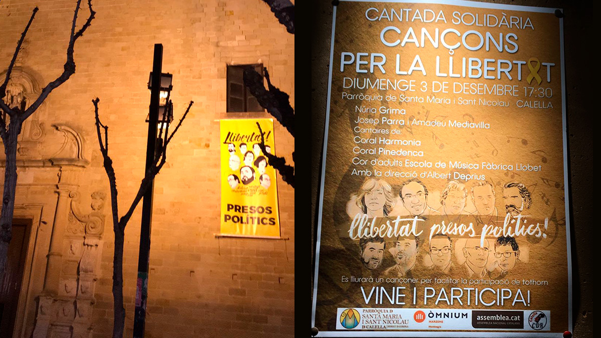 Una iglesia de Calella (Barcelona) cuelga el cartel de los presos en su fachada y celebra un concierto de homenaje