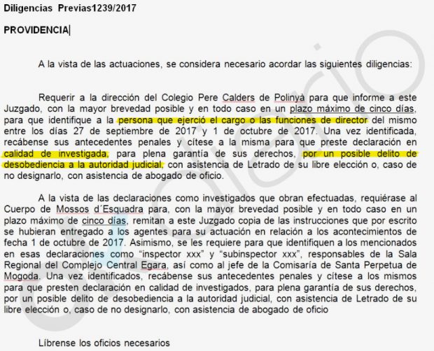 Orden judicial de identificación a la directora del colegio Pere Calders