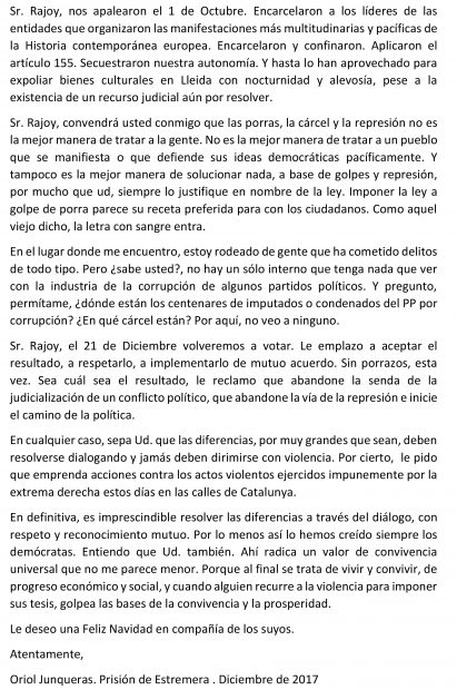 Carta de Oriol Junqueras a Mariano Rajoy desde la prisión de Estremera.