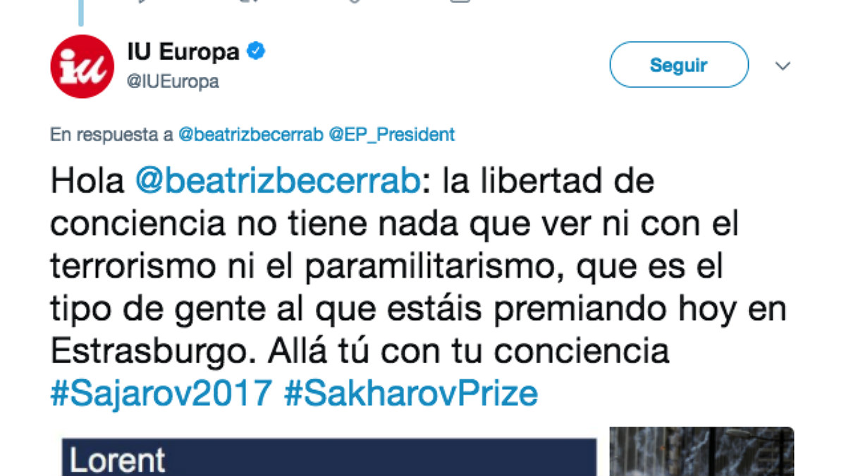Tuit de la cuenta de IU calificando de «terrorista» a la oposición venezolana premiada con el Sájarov por la Eurocámara.