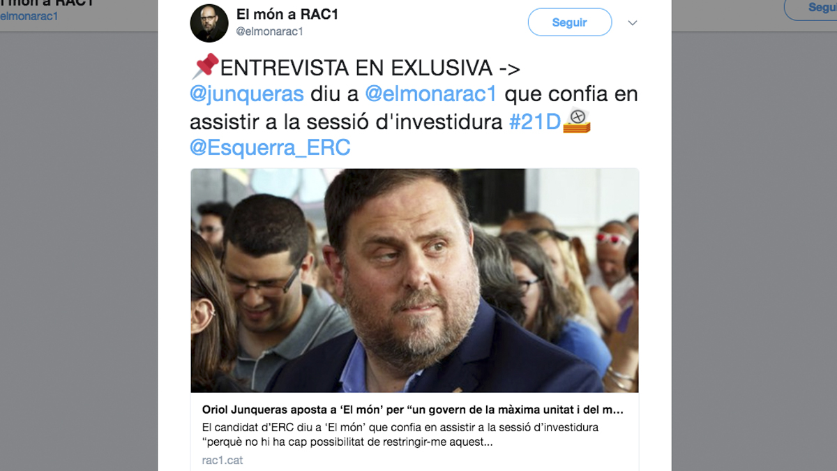 Tuit de RAC 1 anunciando la entrevista a Oriol Junqueras.