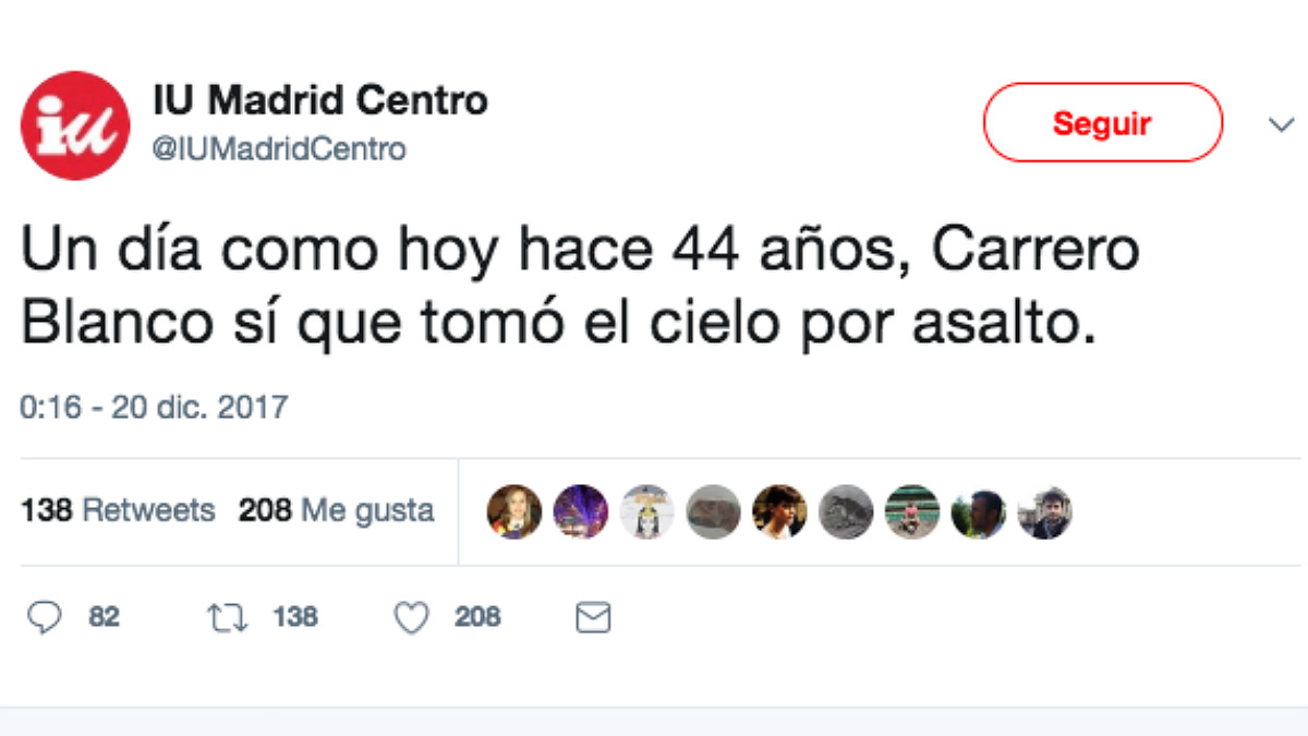 Tuit de IU Madrid Centro bromeando con el asesinato de Carrero Blanco por parte de ETA en el 44 aniversario.