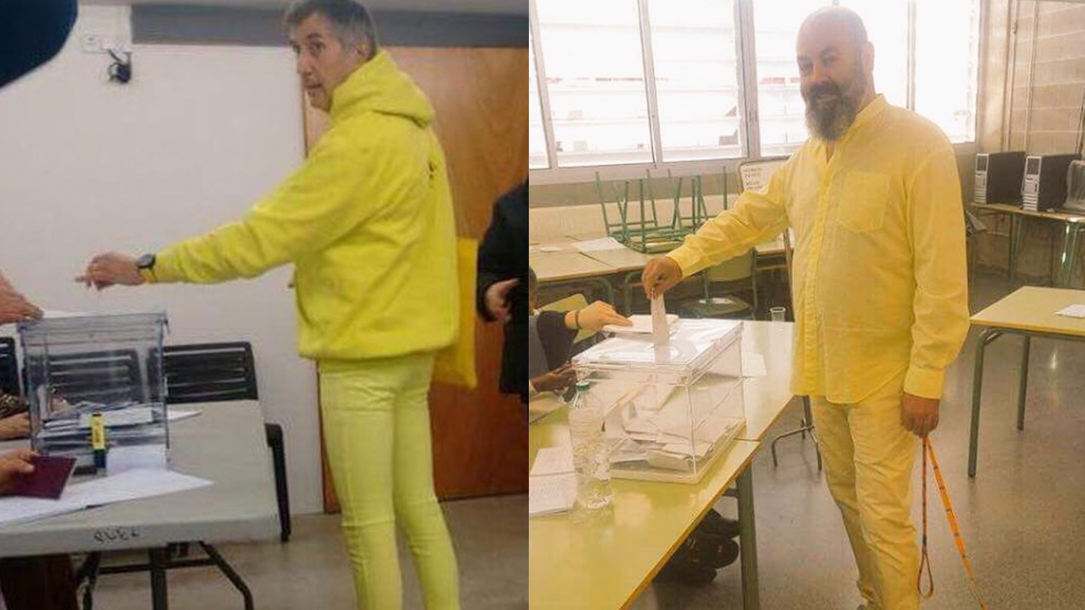 Electores votando vestidos completamente de amarillo.