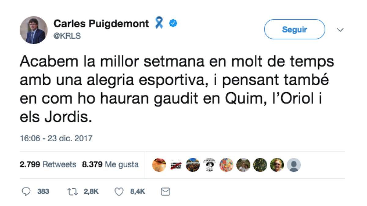 El tuit de Carles Puigdemont justo después de acabar el Clásico.