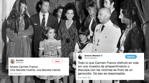 Carmen Franco, acompañada de su familia, incluido su padre el dictador español Francisco Franco, junto a dos de los tuits cargando contra ella tras su muerte.