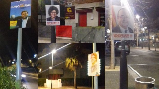 Un montaje con diversas fotos que muestran como aún no se han retirado los carteles electorales de las calles de Calafell. Foto: FB