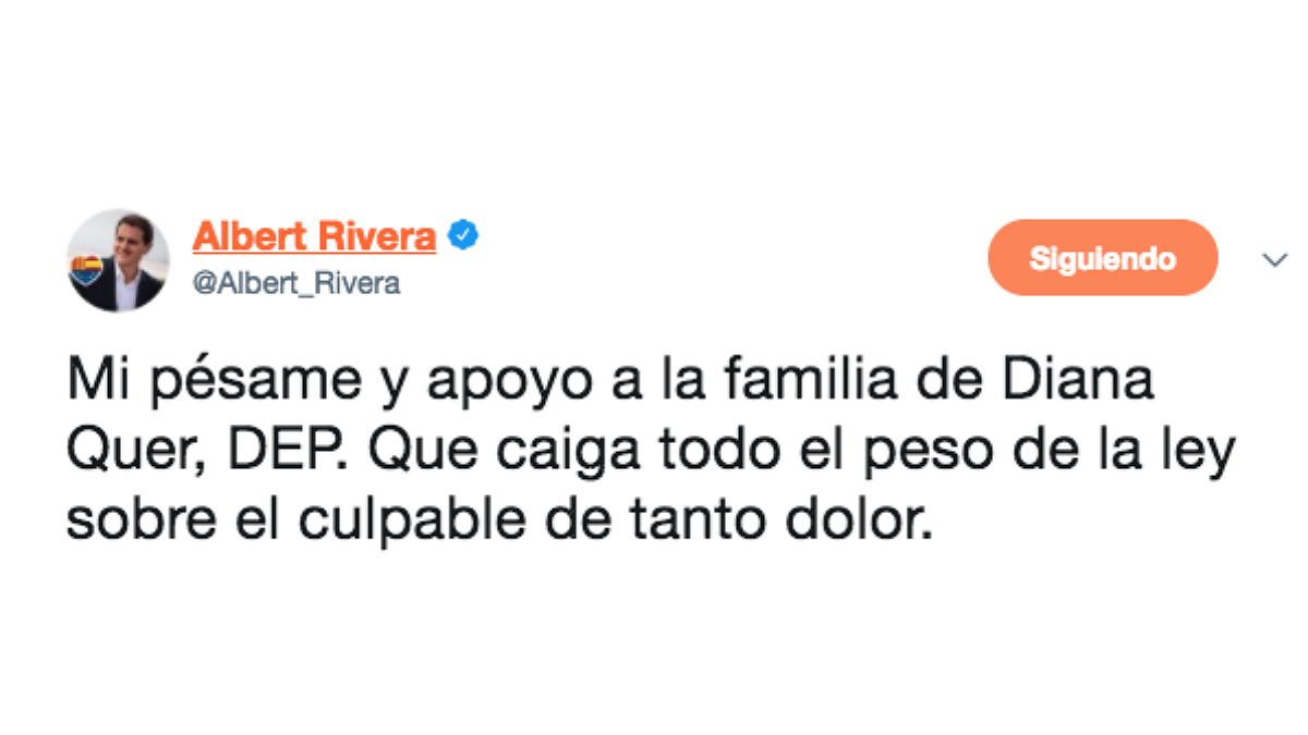 Tuit de Albert Rivera tras la aparición del cuerpo sin vida de Diana Quer.