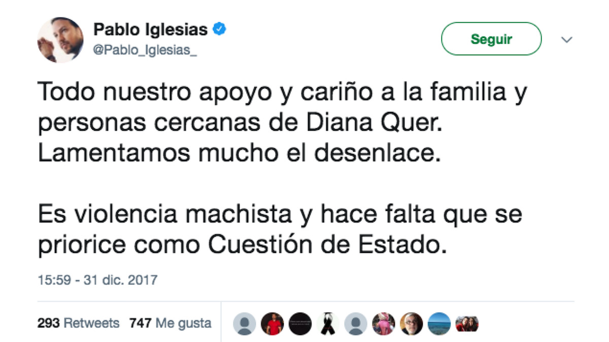 Tuit de Pablo Iglesias tras hallarse el cuerpo sin vida de Diana Quer.