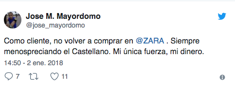 Tuits llamando al boicot contra Zara por no rotular en español
