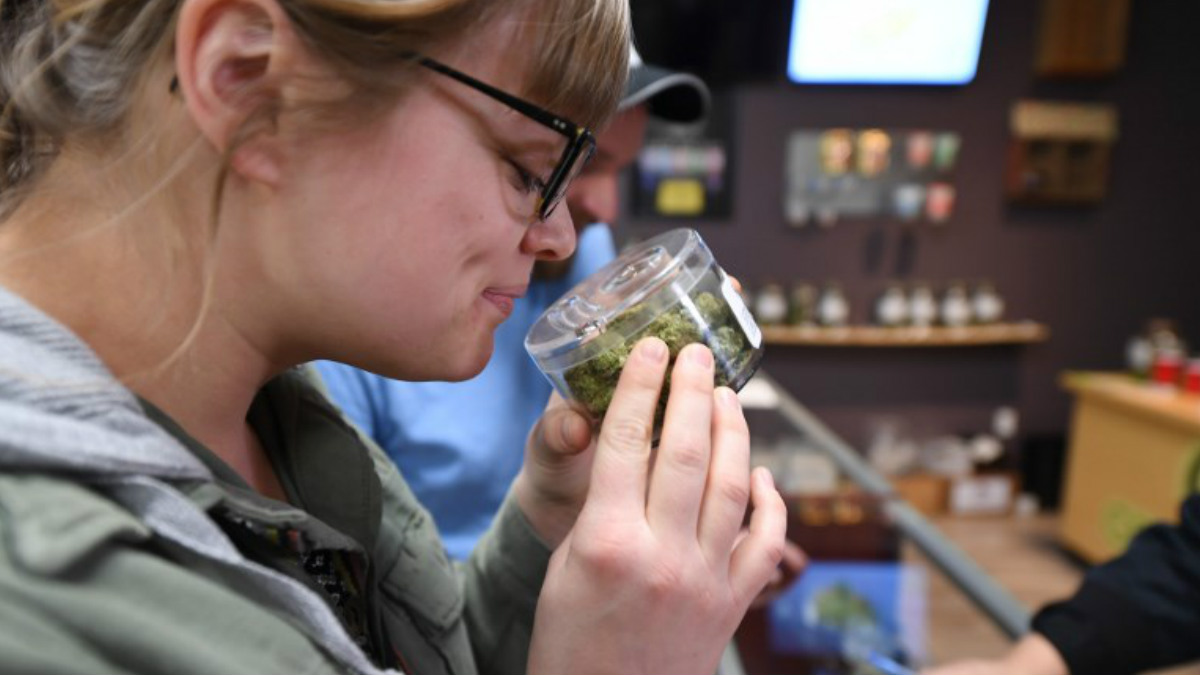 Una clienta olfatea una de las muchas variedades de marihuana que ofrecen los dispensarios en California, que venden marihuana para fines recreativos de manera legal desde 2018. Foto: AFP